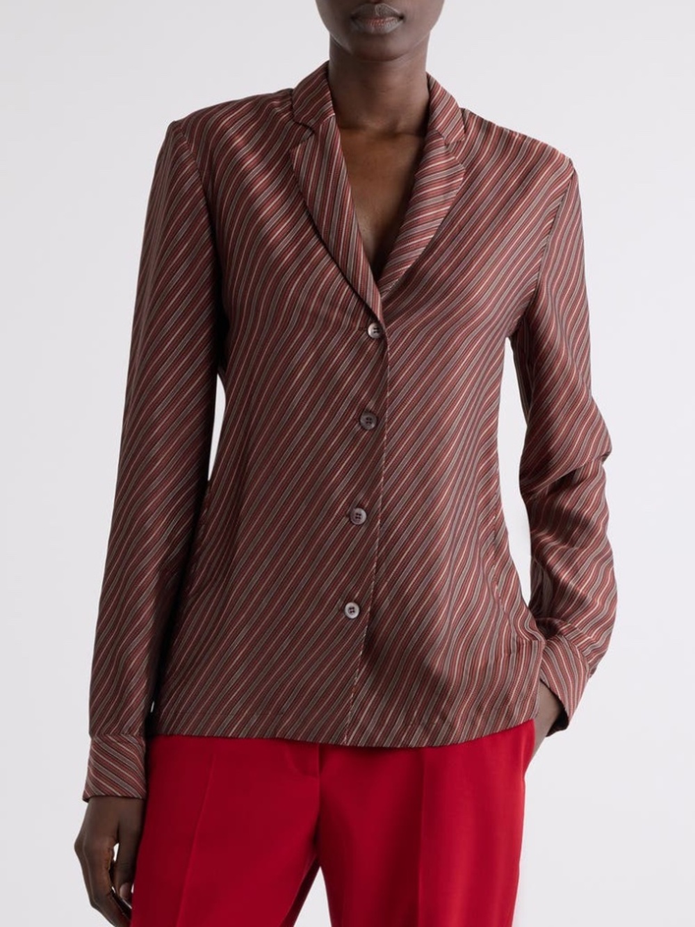 Dries Van Noten Colla Diagonal Stripe Tailored Button Up Shirt Burgundy US 4 NWT